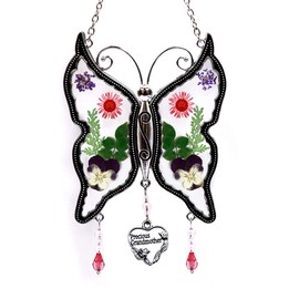 Precious Grandmother Butterfly Suncatcher Wind Chimes Gifts for Grandma, Pressed Flower Between Glass Metal Engraved Charm, Mother's Day Grandma Birthday Christmas Gifts from Granddaughter Grandson