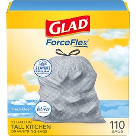 Glad Tall kitchen drawstring trash bags - odorshield 13 gallon white trash bag, febreze fresh clean, White, NOT APPLICABLE, FEBREZE - FRESH CLEAN, 110 Count
