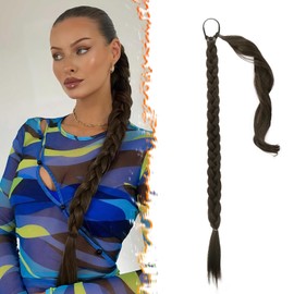 BARSDAR 66 cm Long Braided Ponytail Extension Elastic Band, Straight Wrapped Braid, Hair Extensions, Ponytail, DIY, Natural, Soft, Synthetic Hairpiece for Women