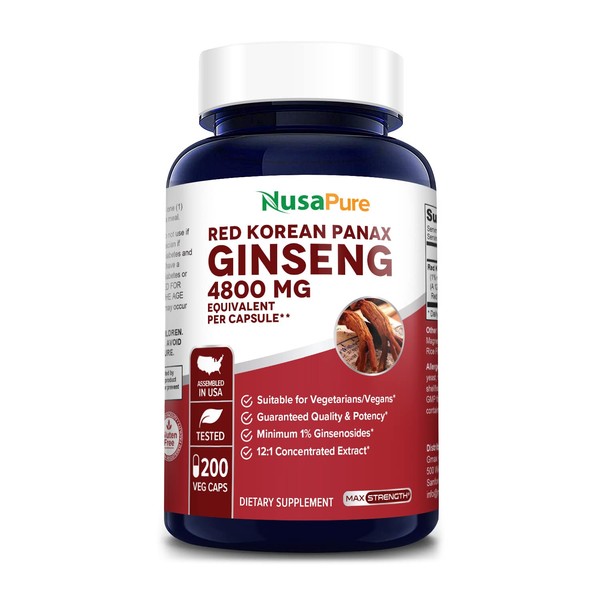 Pure Red Korean Panax Ginseng 1200mg 200 Caps (Non-GMO & Gluten Free) Improve Stamina, Optimize Performance, Mental Health Pills - Extra Strength Gins