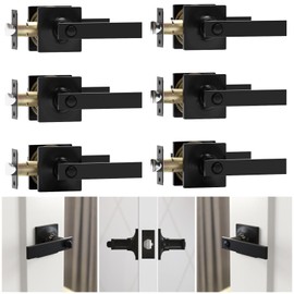 Voraus 6 Pack Matte Black Door Handles - Privacy Door Levers Set, Keyless Black Interior Door Knobs, Modern Heavy Duty Square Door Lock for Bedroom or Bathroom, Reversible for Left Right Sided Doors