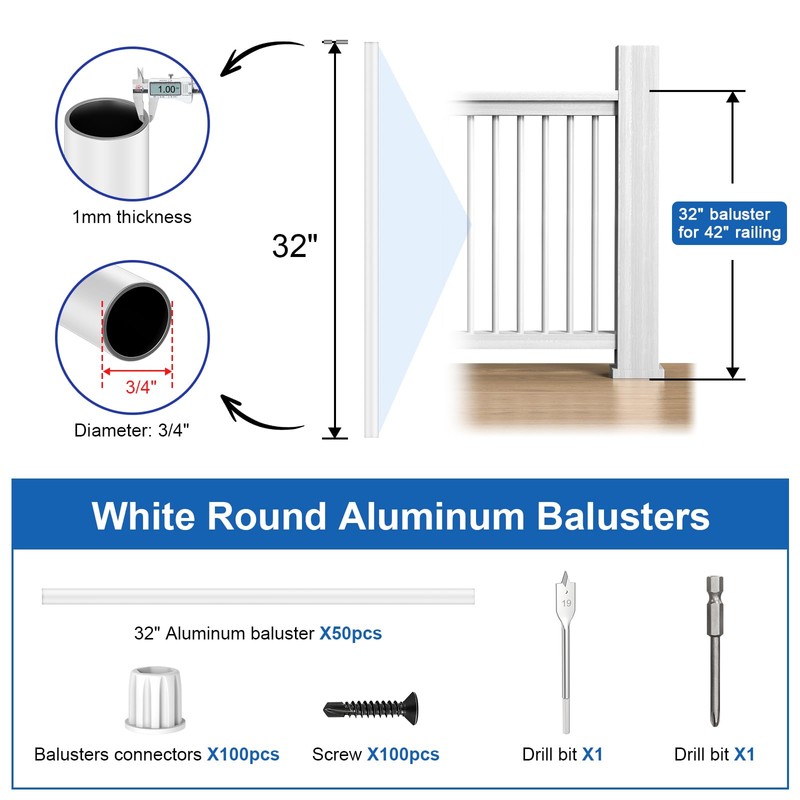 CKE 50 Pack 32" White Round Aluminum Balusters, White Aluminum