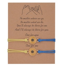 Fashion Sunflower Bracelet, 2 Pieces Love Friendship Bracelet Summer Adjustable Bracelets Sunflower Bracelet with Message Card for Women Girls Black Rope, Metal