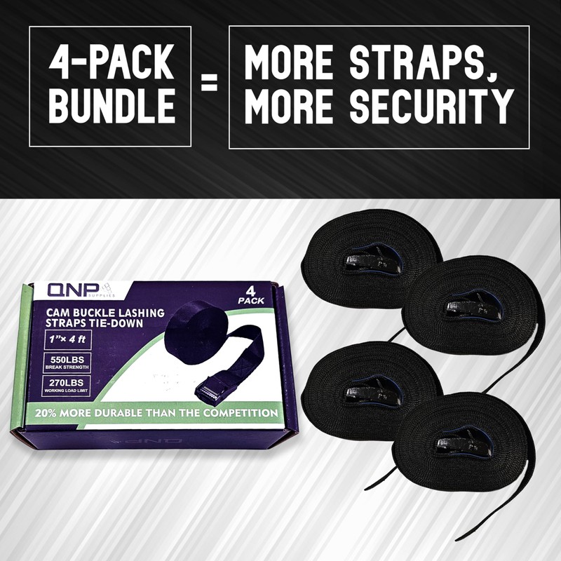 4-Pack Cam Buckle Lashing Straps – 1” x 4’ Heavy-Duty