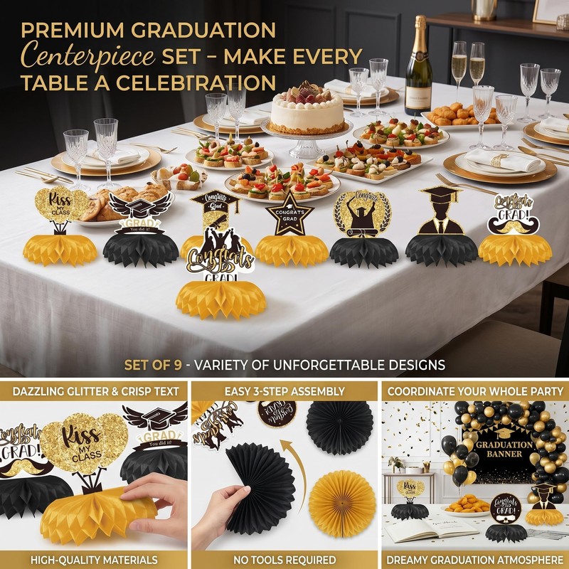 NUOM Decorazioni Laurea Nido d’Ape Nero e Oro 9 Pezzi,