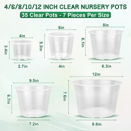 OUPSAUI 35 Pack 4/6/8/10/12 Inch Clear Nursery Pots with Drainage Hole, Clear Large Plastic Pots for Plants, Transparent Variety Seedling Planter for Vegetable Flowers Fruits