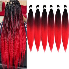 BALINGHAIR Pre-Stretched Braiding Hair Extensions Braids Hair 28 Inch Ombre Black to Burgundy Red to Red(C6-6Packs)