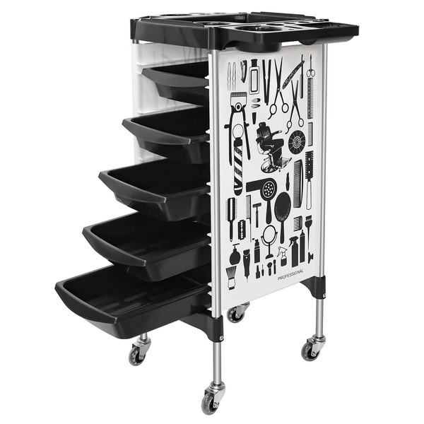 Salon Trolley Cart on Wheels, Multifunction 5 Drawer Hair Stylist Salon Station Rolling Cart Professional Hairdresser Hair Dye Storage Trolley Beauty Barber Moveable Station Trolley (White)