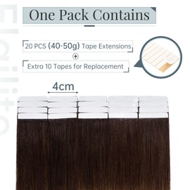 Elailite Real Hair Extensions Tape-In 40 g #4T27 Medium Brown Ombre Dark Blonde, 20 Pieces/Pack, Real Human Hair, 35 cm Hair Extensions