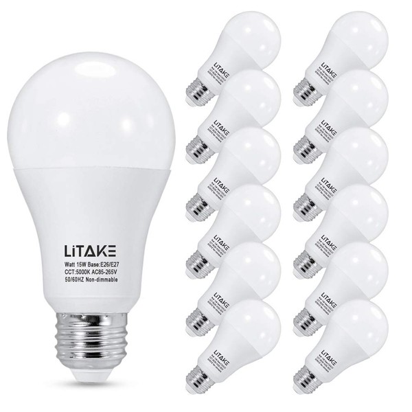 Litake A19 LED Bulbs 150 Watt Equivalent,5000K Daylight LED Light Bulbs,E26 Medium Base, 15W LED Bulbs1600 Lumens for Home Lights, No Flicker, Non-Dimmable, 12 Packs