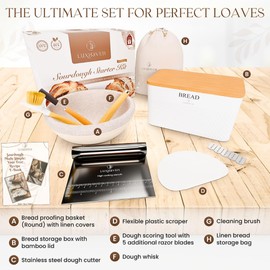 Sourdough Bread Baking Supplies Kit – 9 Inch Proofing Basket with Liner, Metal Bread Box with Bamboo Cutting Board Lid - E-Recipe Book - Storage Bag & Sour Dough Tools & Accessories
