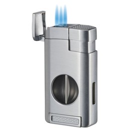 Visol Kamet Butane Torch Triple Flame Refillable Gas Lighter, Built-in Cutter, Fuel Window and Windproof Adjustable Flame - Silver (Shipped Without Butane)