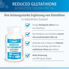 Reduced Glutathione (GSH) 1000 mg Daily - Antioxidant - Tripeptide from Amino Acids Cysteine, Glutamic Acid and Glycine - Enriched with Vitamin C - Vegan - Gluten Free - Supersmart