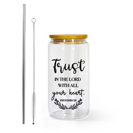 AGH 16oz Christian Glass Tumbler with Lid and Straw Inspirational Religious Gift with Prayer Quotes for Women & Men, Iced Coffee Cup for Birthdays, Baptism, Christmas, or Daily Encouragement