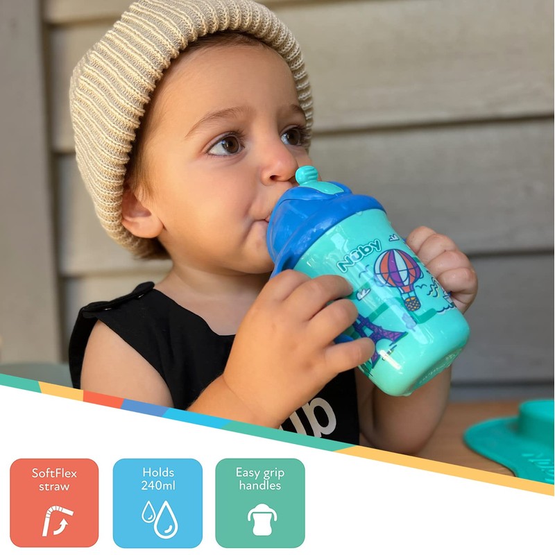 Nuby 2-Handle No-Spill Flip-it Fat Straw Printed Cup - 8oz/