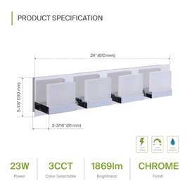 ASD 4 Light 24 Inch LED Bathroom Vanity Light - Modern Dimmable 23W 3000K-5000K Adjustable Up and Down Vanity Lights, Bright Acrylic Wall Light Fixtures Over Mirror - Chrome, ETL Listed