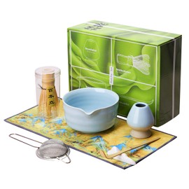 meemooron Matcha Whisk Starter Set 7 in 1 Bamboo Matcha Tea kit Scoop Chasen,Stainless Steel Sifter,Bowl with Eagle Beak Design (BLUE)