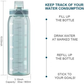 Teentumn 30oz Sport Water Bottle with Time Markers, Large Durable Gym Clear Plastic Bottle Tritan BPA Free for Fitness, Outdoor Enthusiasts, Leakproof Green (Pack of 1)