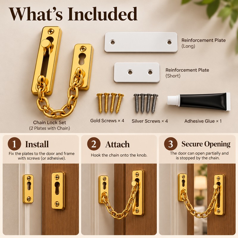 Stainless Steel Door Chain Lock, Heavy Duty Spring Loaded Press