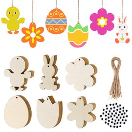 FEPITO 120 Pieces Wooden Easter Day Unfinished Wood Easter Decoration Eggs Eggs Rabbit Chick Tulip Notch Wooden Gift Tags with Rope DIY Easter Crafts Easter Decoration for Children