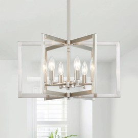 Cabvope Brushed Nickel Chandelier 6-Light Modern Geometric Metal Lighting Fixture for Dining Room Kitchen Island Living Room Entryway Hallway Bedroom, 20 Inch Adjustable Pendant Ceiling Hanging Lamp
