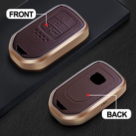 SK CUSTOM Funda de cuero marrón y marco de aluminio para llave inteligente compatible con Honda Accord Hybrid Civic CR-V Pilot Elite 4 5 botones sin llave accesorio remoto para coche