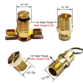 BesNPT 5 Pcs 1/4 Inch Compressor Air Tank Port Fittings, Solid Brass Hex Head Plugs with Drain Valve Kit Winged Style and Twist Style 150 PSI Safety Valve