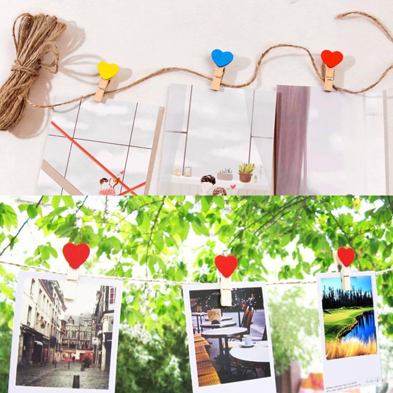 BOPHIS Pack of 100 Wooden Heart Clips, Coloured 30 m