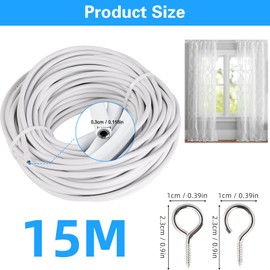 15 m Curtain Rope, White Curtain Wire, Plastic Coated Curtain Wire, with 30 Pairs of Screw Eyelets and Hooks, Curtain Wire for Net Curtain, Curtains, Shower Curtains, DIY