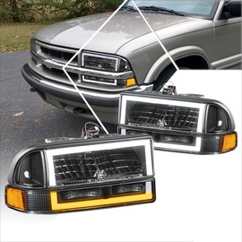 PM PERFORMOTOR Switchback Dual LED Box Style Headlights+Bumper Lights Compatible with 98-04 Chevy Blazer S10,Black Housing Amber Corner