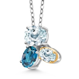 925 Silver and 10K Yellow Gold Sky Blue Aquamarine and London Blue Topaz Pendant Necklace For Women (2.70 Cttw, Oval 8X6MM, 7X5MM and 6X4MM, Gemstone March Birthstone, with 18 Inch Chain)