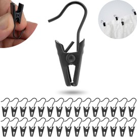 Curtain Clamps, Pack of 30, in Black, with Diameter 7 mm Hook Eyelet, 32 mm Long Curtain Clips with Hooks, Curtain Clips, for Shower Curtain, Window Curtain, Multi-Purpose Hook Clip, Fairy Lights