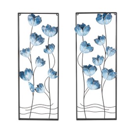 Deco 79 Metal Floral Living Room Wall Decor Canvas Wall Art with Black Metal Stems and Frame, Set of 2 Wall Art 12" W, 32" H, Blue