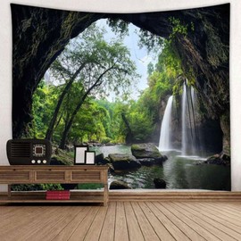 Wycian Wall Hanging Landscape Tapestry Nature Mountains Tapestry Green Wall Towel Nature Plants Motif Tapestry XXL Wall Towel Forest Sky Tapestry 350 x 256 cm