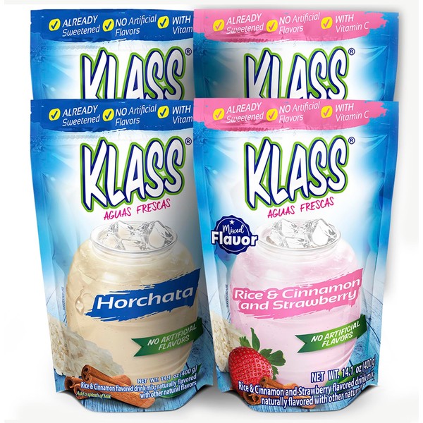 Klass Aguas Frescas Horchata & Strawberry Horchata Drink Mix, Flavors From Natural Sources, No Artificial Flavors, With Vitamin C (Makes 7 to 9 Quarts) 14.1 Oz Family Pack (4-Pack)