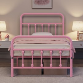 Topeakmart Twin Size Victorian Style Metal Bed Frame with Headboard/Mattress Foundation/No Box Spring Needed/Under Bed Storage/Strong Slat Support Pink