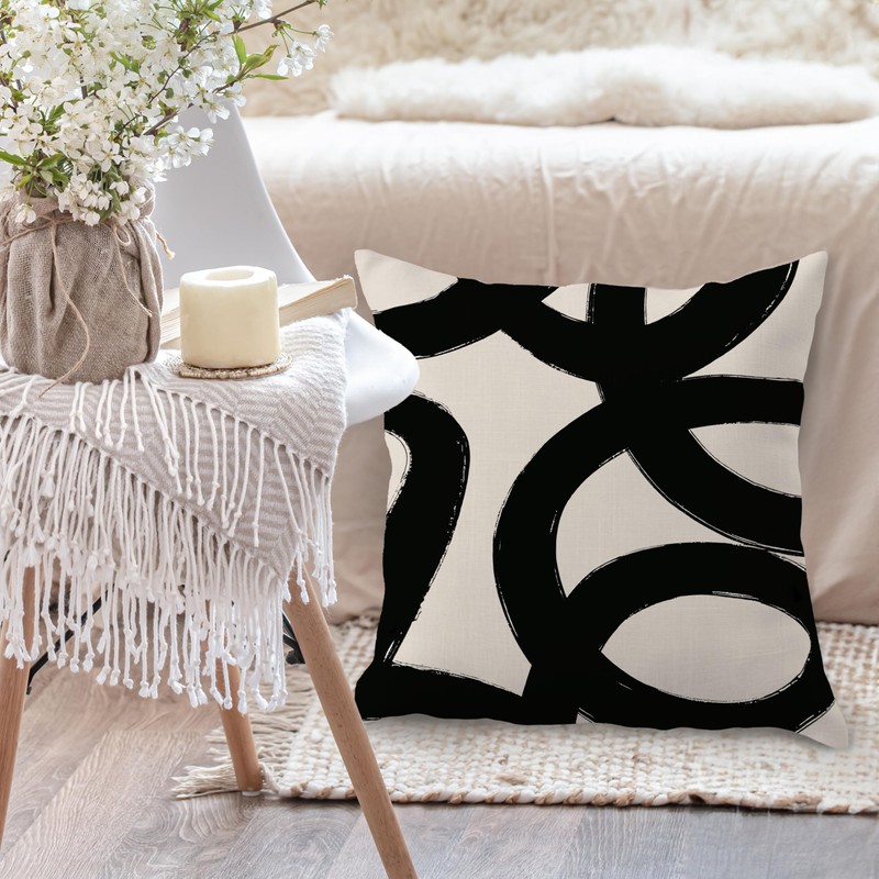 Abstract Modern Black and Beige Pillow Covers 18x18, Boho Home