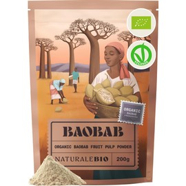 NaturaleBio Organic Baobab Powder 200g. High Fibre & Vitamin C superfood Powder. Supports Immunity, Digestion & Skin Health. Raw African Baobab Fruit Pulp. Vegan & Non-GMO.