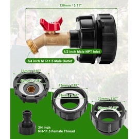 3-Size IBC Tote Hose Adapter for 275-330 Gallon IBC Tote Tank, 2.44" Fine, 2.36" Fine and 2.36'' Coarse Thread, with 1/2" Male NPT Inlet ×3/4" GHT Thread Brass Hose Faucet, Garden Hose Quick Connector