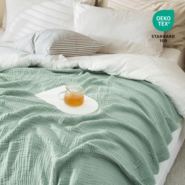 Carriediosa 100% Cotton Muslin Throw Blanket 108" X 90" King Size，4-Layers Summer Gauze Throws for Bed Couch，Soft Lightweight Breathable Linen Blankets Bedspread for Adults All Season，Sage Green