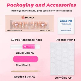 Sethexy French Long Coffin Handmade False Nails Pink Rhinestone Luxury Fake Nails Glossy Acrylic Sparkle Press On Nails for Women and Girls 10PCS(E)