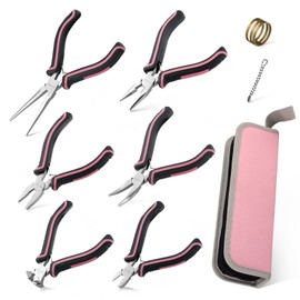 LEONTOOL 6 Pcs Mini Pliers Set Needle Nose Pliers End Cutting Pliers Long Nose Pliers Bent Nose Pliers Diagonal Cutting Pliers Linemans Pliers for Jewelry Making, Pink Jewelry Pliers Set with Pouch