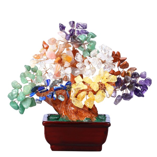 Jovivi Natural 7 Chakra Gemstone Crystal Money Tree Resin Base Bonsai Feng Shui Decorations for Wealth and Luck 6.3"-6.7"