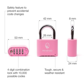 Rhino Lock Secure Lock - Pink 4 Digit Combination Padlock for Gym Locker, School & Work Lockers; Coded and Suitable for Outdoor Use with Fences, Hasps, Sheds & Toolboxes (UK Brand)
