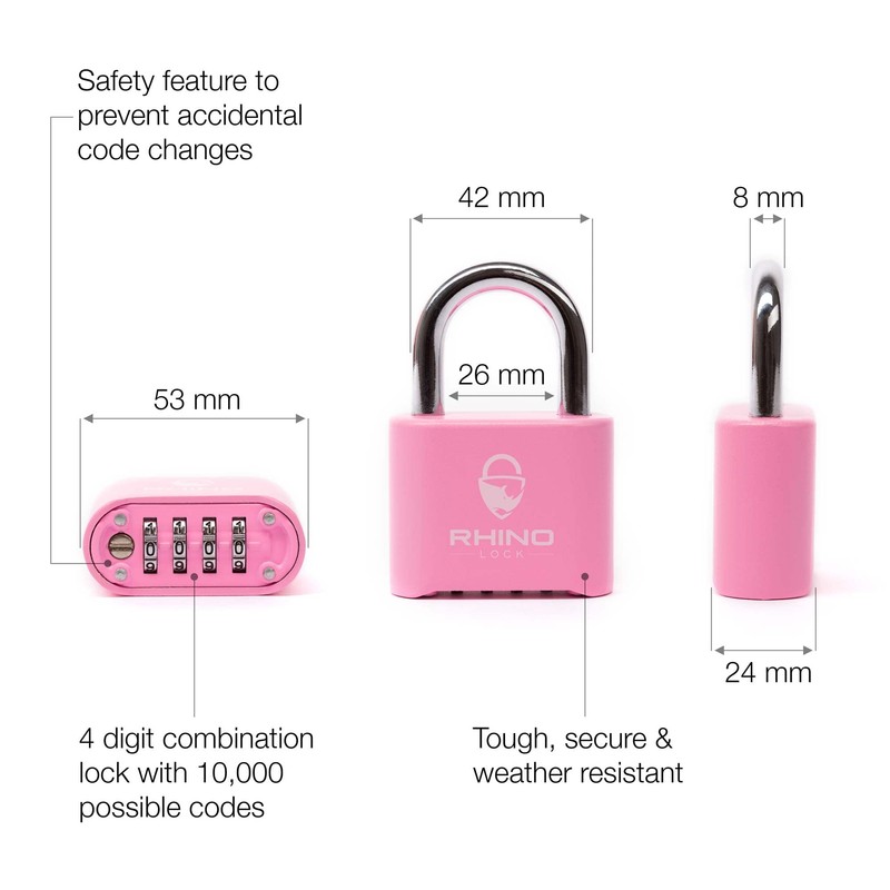 Rhino Lock Secure Lock - Pink 4 Digit Combination Padlock