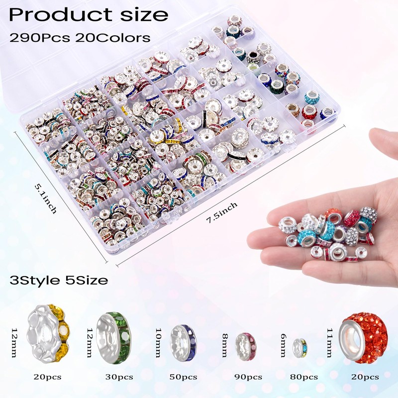 290PCS 6 Styles Rondelle Spacer Beads for Jewelry Making,6mm,8mm,10mm,11mm,12mm Rhinestone