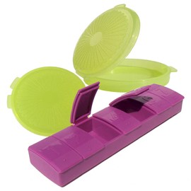 Tupperware 7 Day Pill Keeper Divided Organizer Round Clamshell Purple and Green Set