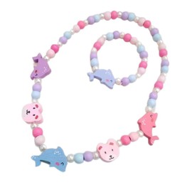 YKKJ Wooden Children's Jewellery Set, Unicorn Friendship Bracelet, Unicorn Beads Necklace and Bracelet, Gift for Girls, Birthday, Party, Dress Up Costume Accessories, Dolphin