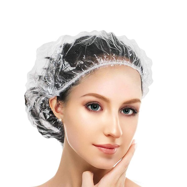 G2PLUS Pack of 50 Disposable Shower Caps - 50 cm Plastic Shower Cap, Hair Protection Hair Cap for Salon, Spa, Travel, Hotel, Shower, Braids Transparent