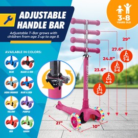Outdoor Cruiser 3-Wheel Kids Scooter – with Lean-to-Steer Technology, Wide Deck, Led Lighted Wheel, 4-Level Adjustable Height T-bar Handle, Support Kids Up to 150 Lbs, for Boys & Girls Ages 3-8, Pink